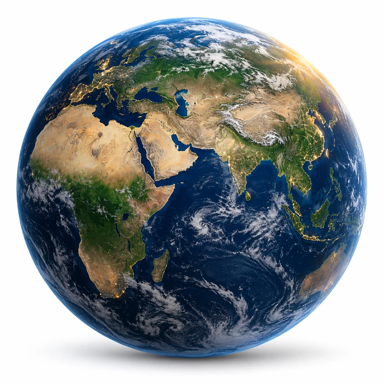Realistic Earth illustration showing Africa, Europe and Asia, with India near the centre